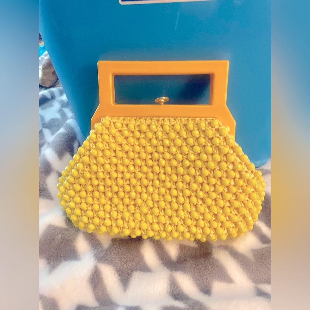 Vintage 60’s BAKELITE MOD YELLOW  Beaded Italian HANDBAG - Picture 7 of 9